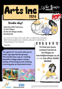 This colourful poster has several illustrations. In the top right a group of young artists gather around a drawing of a space scene with planets and stars. On the far right is an artist in a yellow tshirt with a purple star curly black hair. In the centre if a young artist with their hair in bunches. On the right is young artist with blonde hair holding a pencil. On the lower right in the same artist with curly hair wearing ear defenders. They are sat at a desk preparing to make some art. In the left is two photos, one of abstract colours and the other is a colourful pop-up book. 