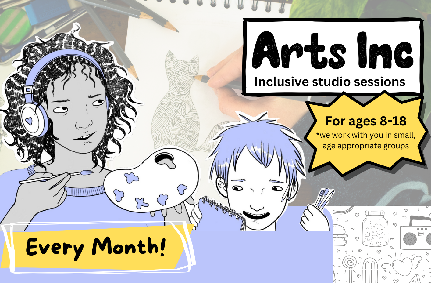 This banner features an illustration of two young artists. On the left an artist with curly dark hair and ear defenders holds a paint palette and brushes. Another young artist beside them holds a sketchbook and pencils. A faded out photograph behind them is of a person drawing a cat.