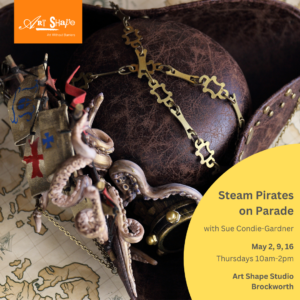 This exciting photograph has a pirate hat made from leather in the centre. It is placed on a map, and on top of the hat you can see octopus tendrils 