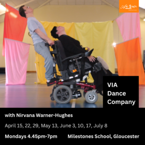 Photograph of two VIA performers . There is a wheelchair user dressed in dark clothes, and a non-wheelchair user in grey. The background is arranged with drapes of fabric in pink, orange and yellow which look like flags
