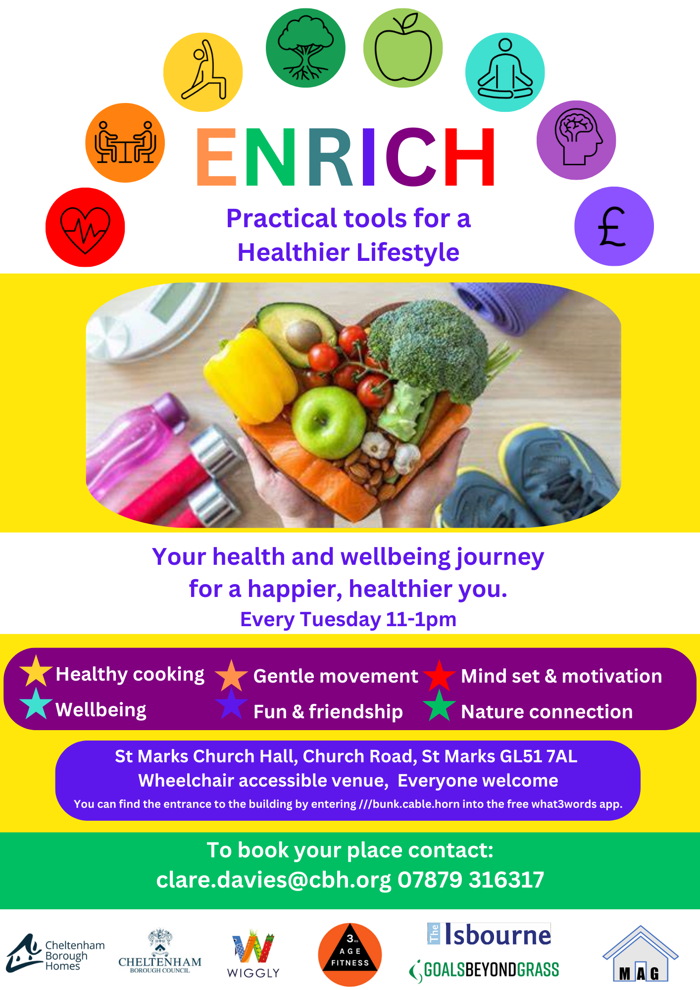 Enrich health and wellbeing poster practical tools for a healthier lifestyle covers healthy cooking eating, gentle movement, friendship, wellbeing