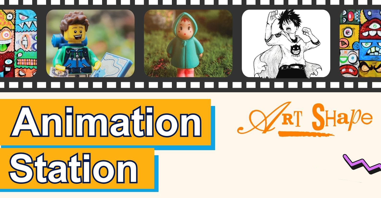 Bright colourful banner advertising Animation Station with a reel of images including a lego figure, a clay person in a green coat, and a manga style boy in a cape