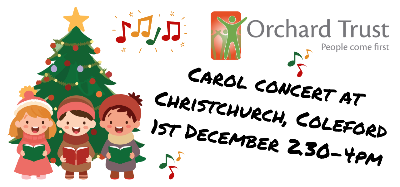 graphic showinga Christmas tree and carol singers. Text reads: carol concert at Christchurch, Coleford 1st December 2.30-4pm