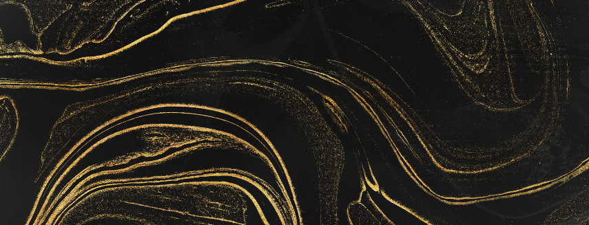 This is an abstract art piece with swirling gold paint over black