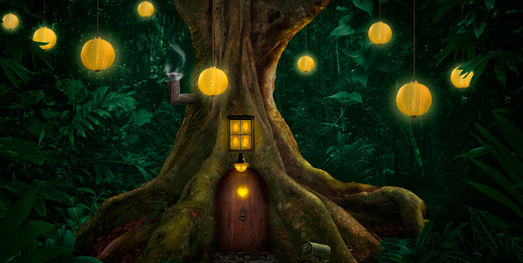 A whimsical image of a tree with a mysterious door, window and glowing yellow lanterns in a dark and leafy forest