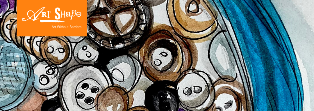 An intricate painting of buttons using ink washes and pens in shades of brown. The buttons are arranged in a blue bowl that you can see the edge of