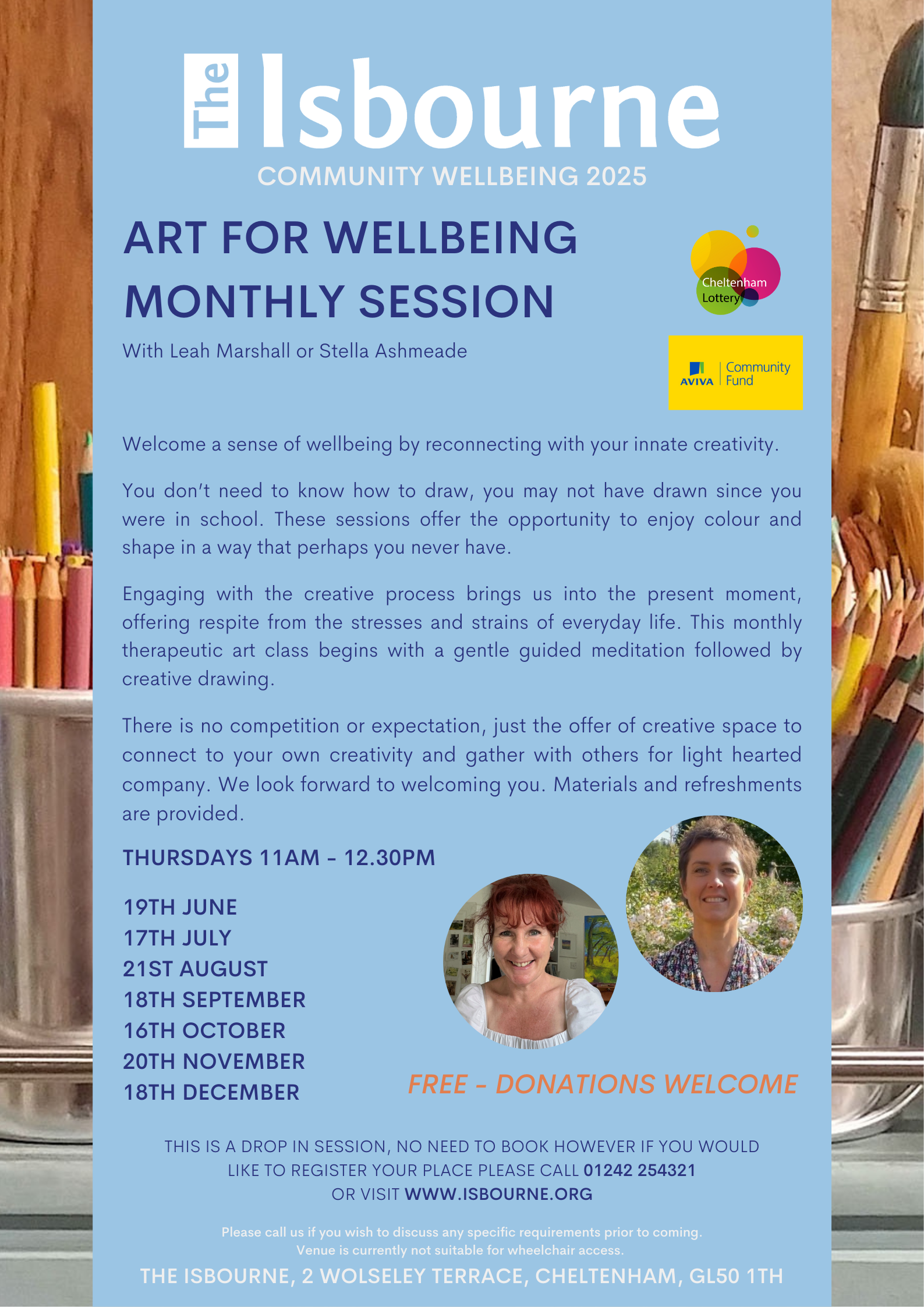 Art for Wellbeing poster, text the same as above, the flyer has images of the tutors smiling. Stella with red hair and a white top, Leah with a floral top on and short brown hair. 