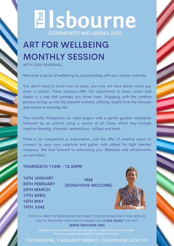 Art for wellbeing poster. Text same as above. The flyer has a blue panel with colourful pencils framing it. There is an image of the tutor, she has short hair with a floral top on. 