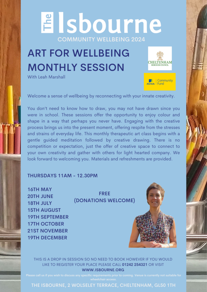 Art for Wellbeing flyer, with an image of the tutor Leah Marshall smiling, wearing a floral top and short brown hair. The flyer also includes Cheltenham Borough Homes and Aviva community fund logos. On the border of the page there is an image of coloring pencils. The poster is blue.