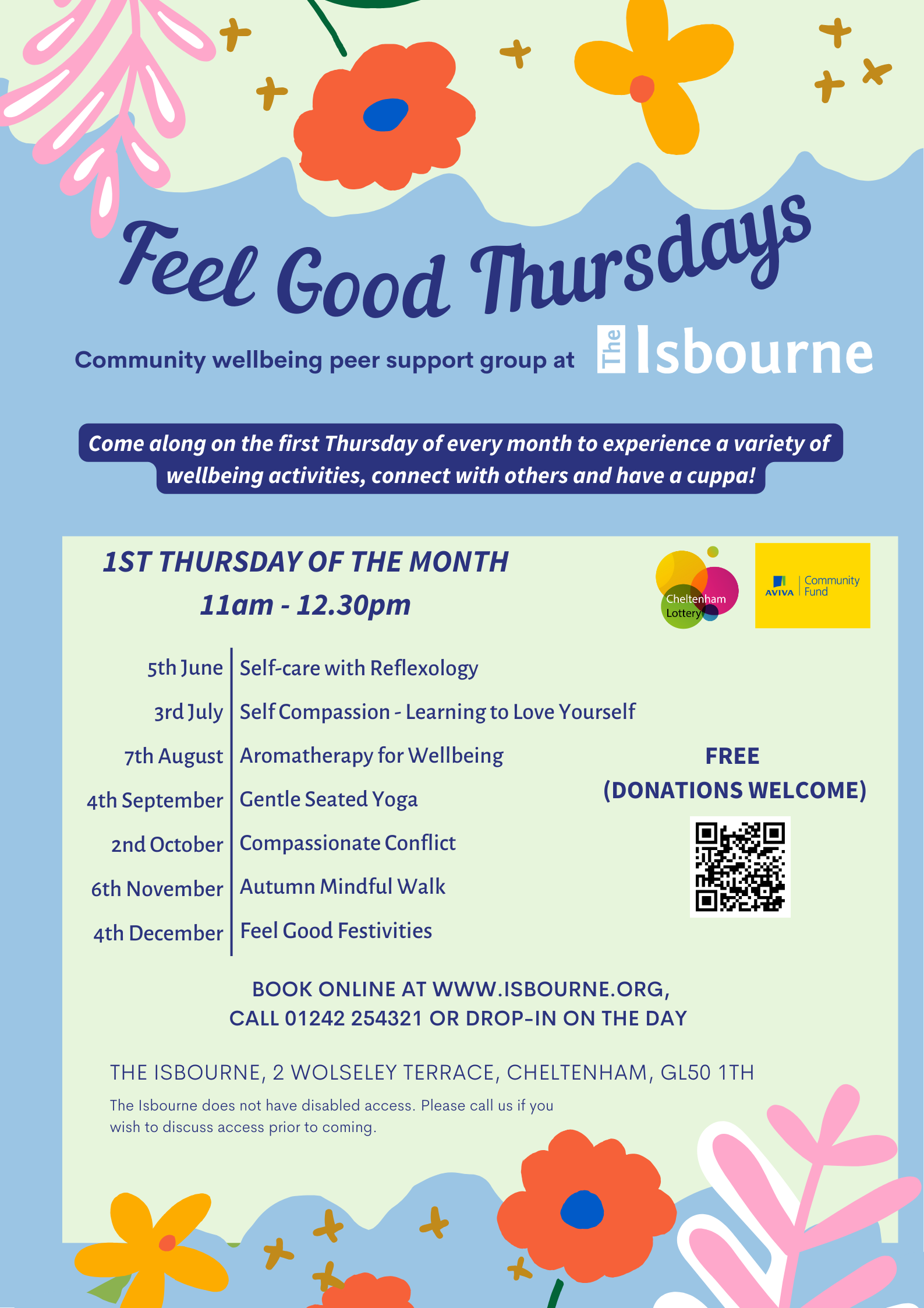 Feel Good Thursdays flyer, text same as above, the flyer is sky blue, with colorful flower illustrations. 
