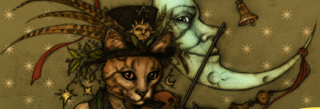 This cropped illustration if of a steampunk style cat in brown and gold tones. Behind is a cresent moon with a smiling face. The cat is playing a violin