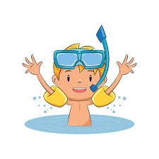 Child enjoying playing in the water wearing arm bands and goggles