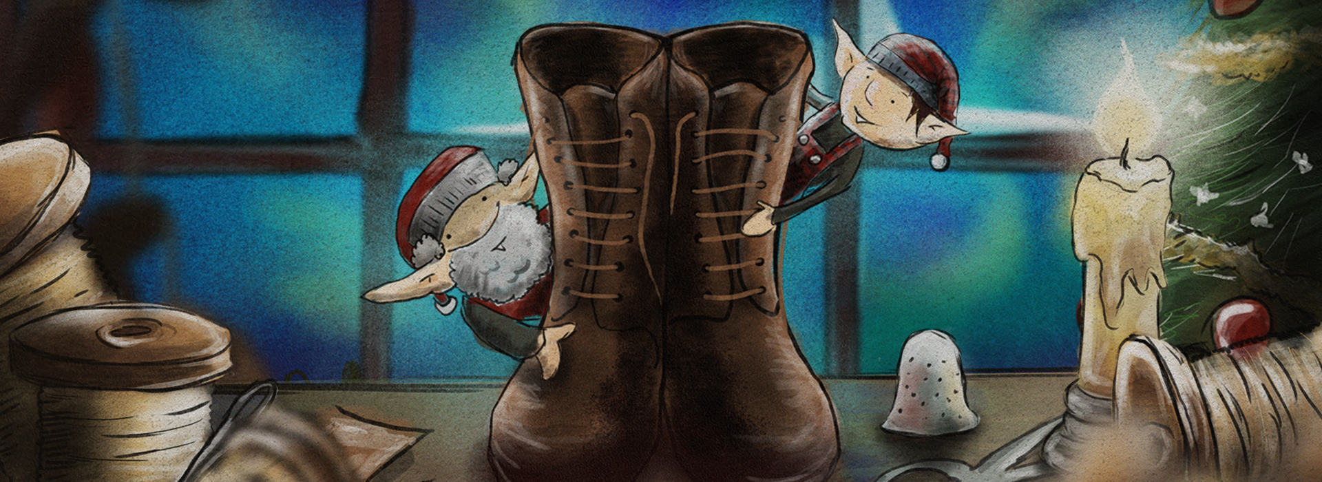 The Elves and The Shoemaker. There are 2 elves in Christmas gear holding onto a pair of boots