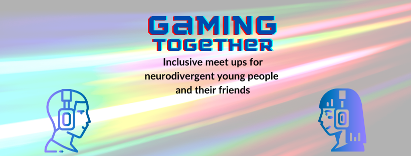 colourful light streams background, gamer illustrated heads with title and tagline