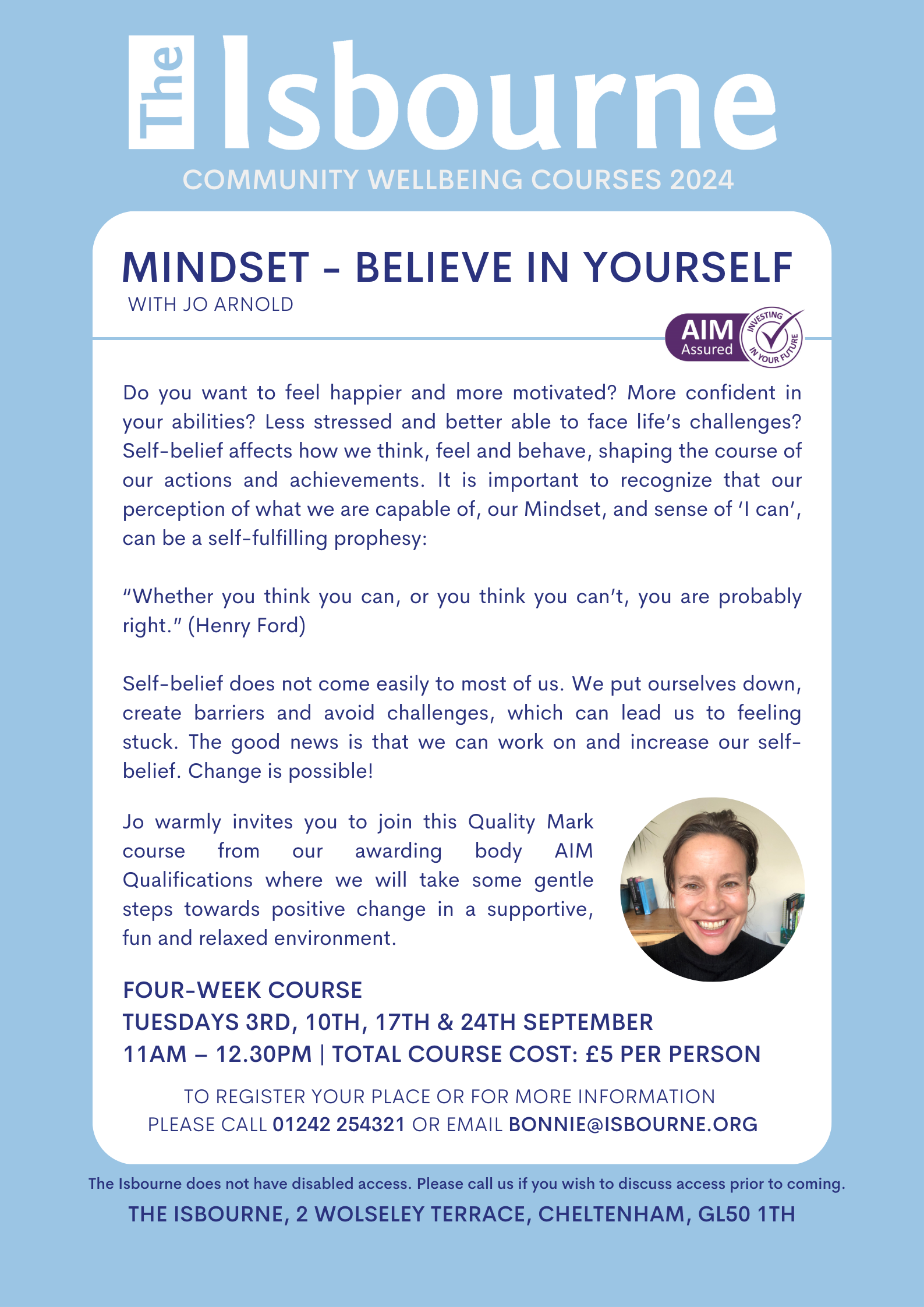 Mindset - Believe in Yourself flyer with image of tutor Jo Arnold