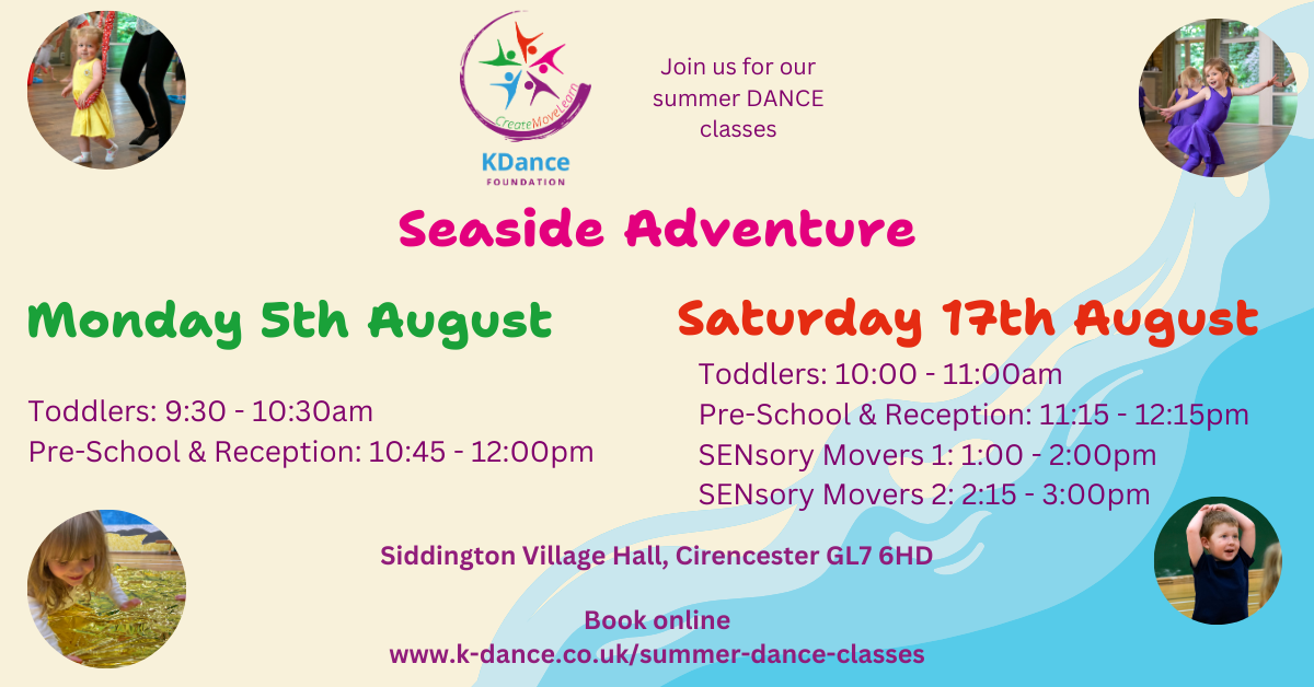 Leaflet for our Summer Classes. Text says 'Seaside Adventure' and the class times and dates are listed (please see advert post for these).