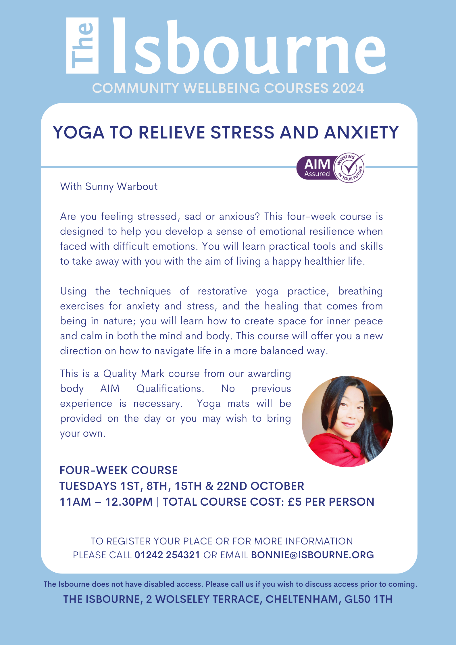 Yoga to Relieve Stress and Anxiety flyer with an image of the tutor Sunny Warbout