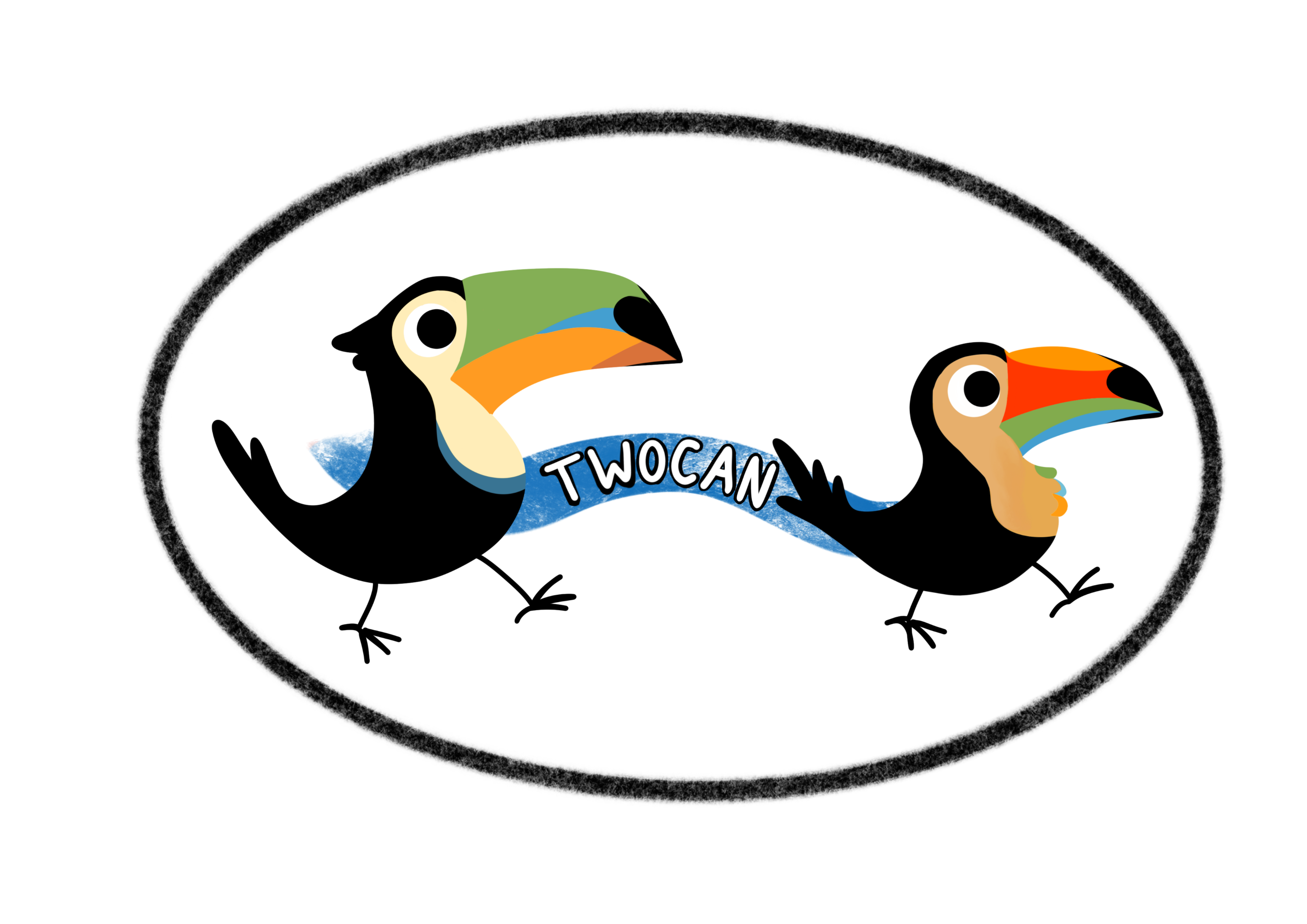 Two Toucan birds are in motion walking to the left with a wave of blue behind them with the text TWOCAN written in between them