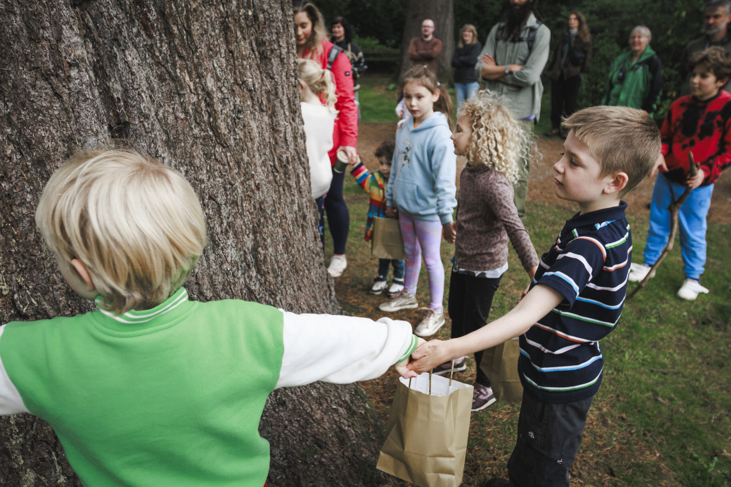 Colour photo of group of children holding hands, making a circle around a large tree trunk.