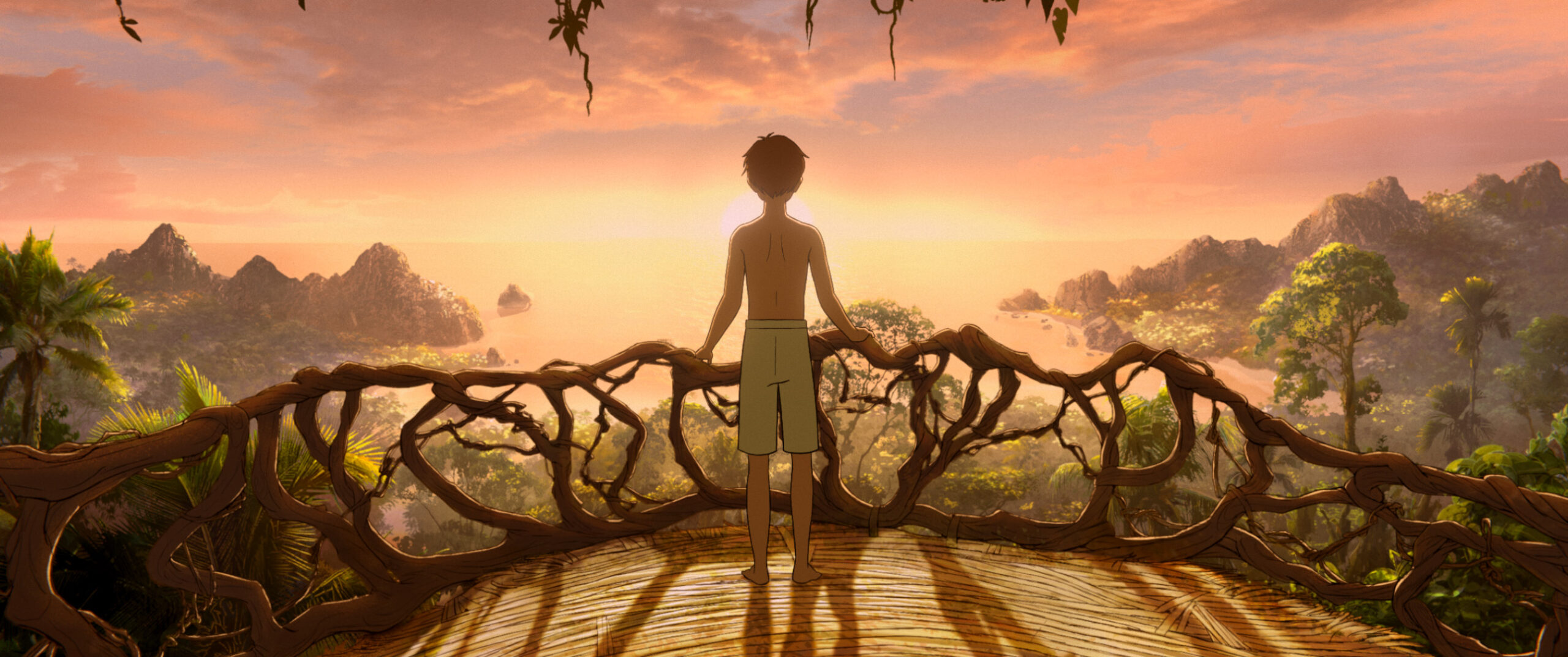 An animated character standing on a bridge staring into the sunset