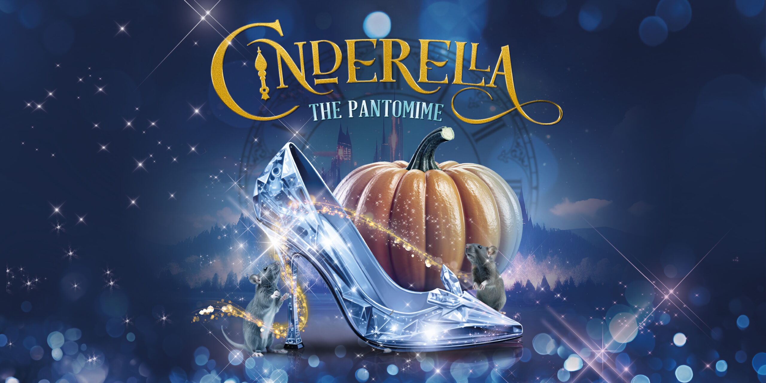 A glass slipper, pumpkin and mouse with Cinderella written above.