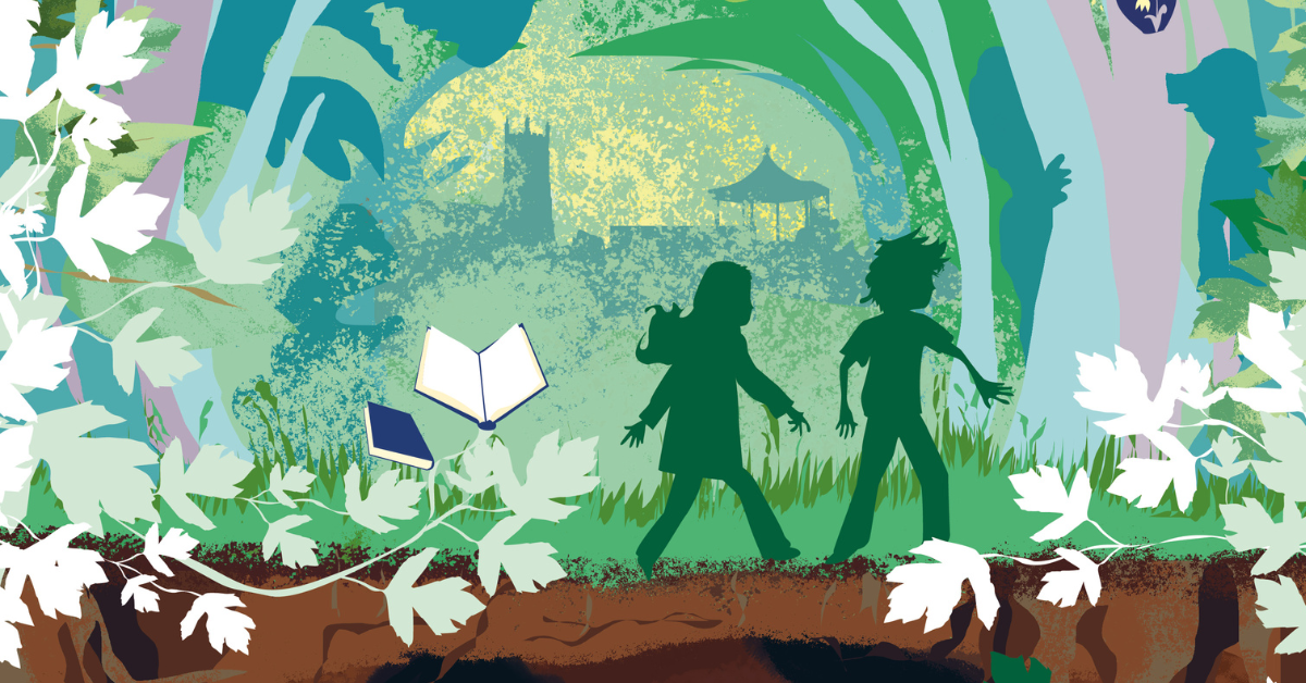 Colourful illustrated image of two children walking through a woodland. Book and leaves weave across the image.