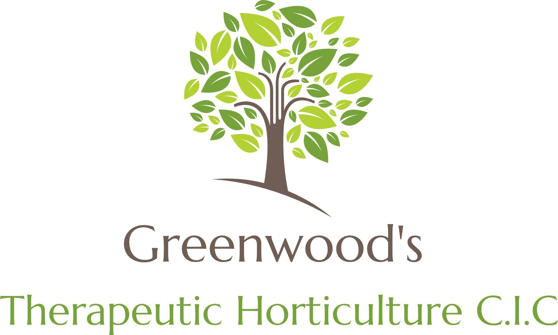 Greenwoods Logo, stylised leafy tree on white backgroundwith Greenwoods Therapeutic Horticulture CIC underneath