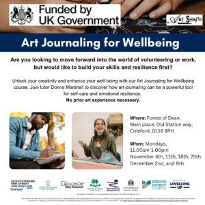 Poster has photographs of hands drawing on black pages in a journal and two happy individuals working on their wellbeing journals. 