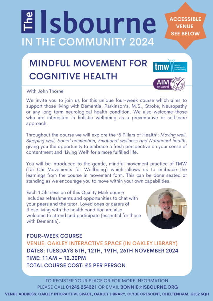 Mindful Movement for Cognitive Health flyer. Text copied above. You can also see an image of the tutor smiling. 