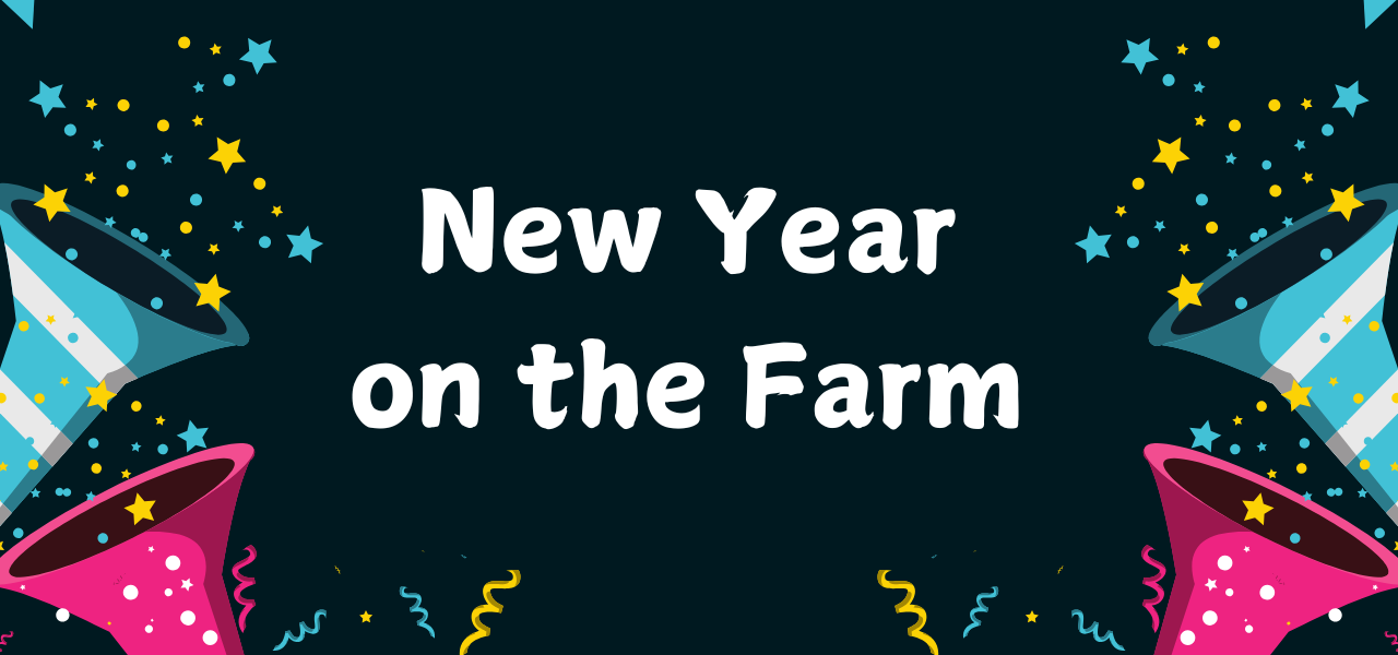 banner with bells, dark blue background says New Year on the Farm