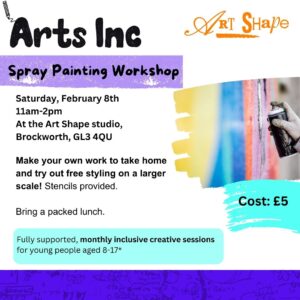 Arts Inc poster with a photograph of a hand spray painting a wall in bright colours