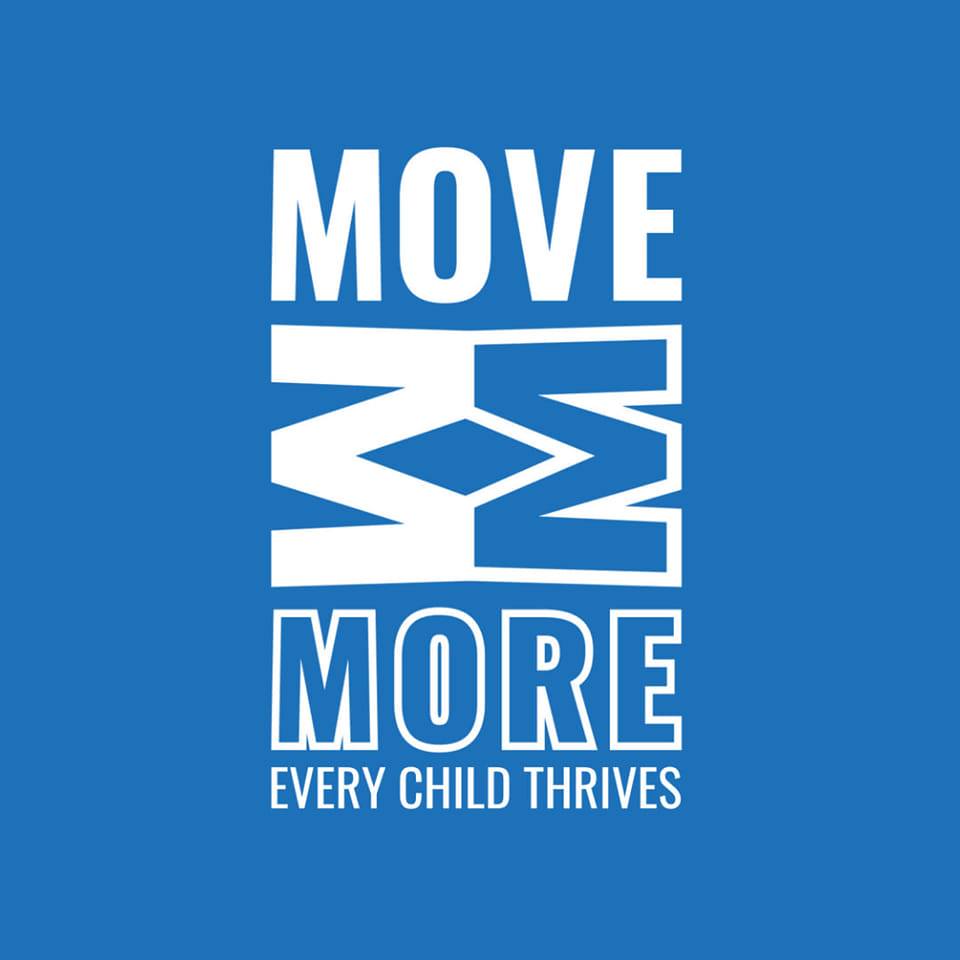 Move More logo square image. MM logo and the words MOVE MORE EVERY CHILD THRIVES in blue and white