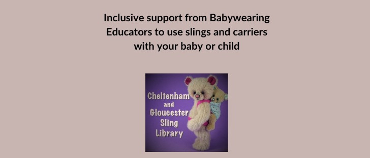 taupe background with sling library logo (a bear wearing a baby on their back) text reads 'inclusive support from Babywearing Educators to use slings and carriers with your baby or child