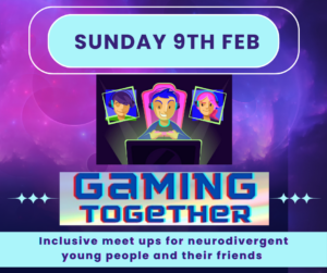 GamIng together 9th Feb purple background with image of 3 heads looking at a screen