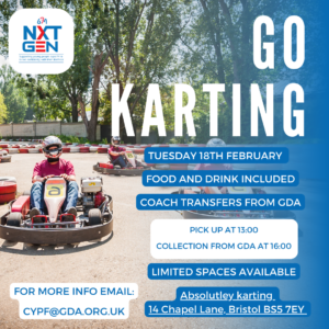 poster for NXT Gen Go karting showing image of a person in a kart on a karting track with helemet. Text with details of the event is on the poster. Details are also in the listing