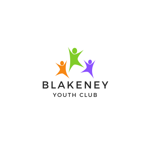 Logo of Blakeney Youth Club featuring three stylized human figures in orange, green, and purple, with arms raised as if celebrating or jumping. The text 'BLAKENEY YOUTH CLUB' appears below the figures in a modern, bold font.