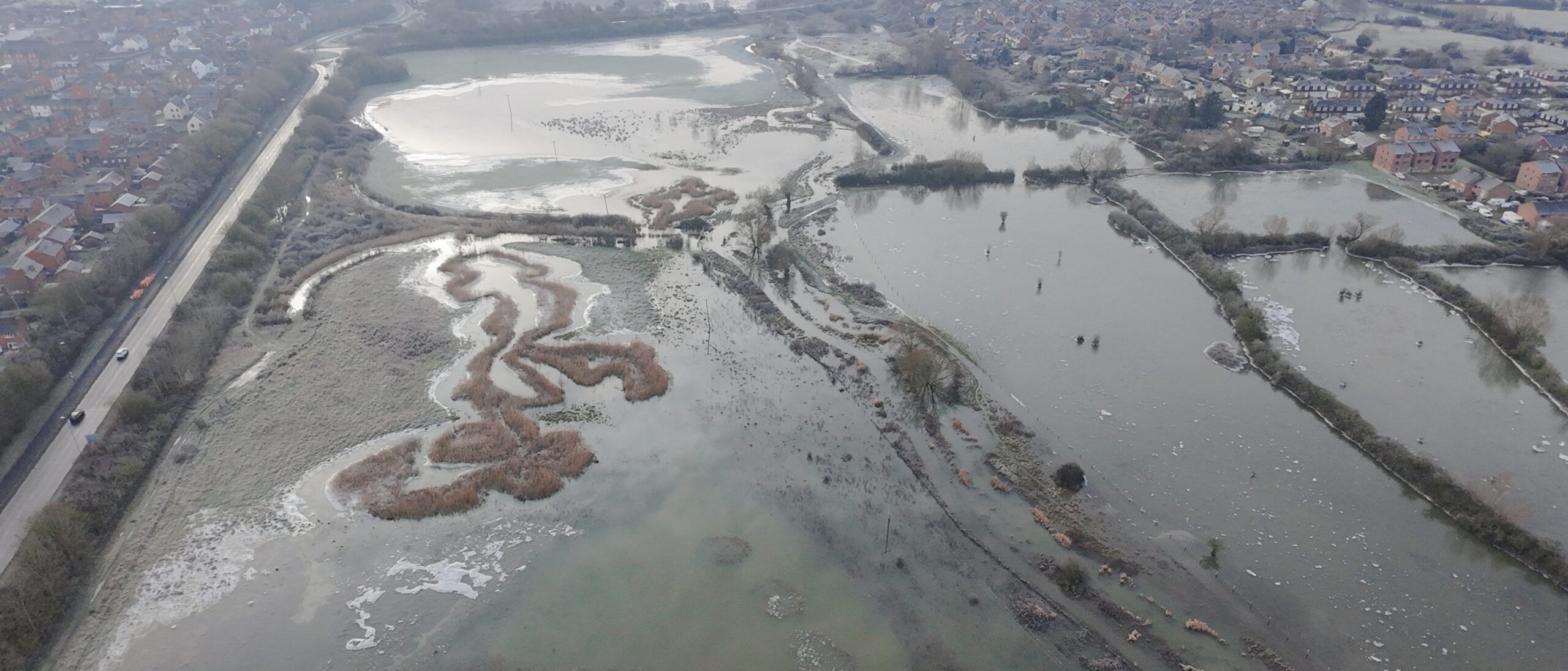 Drone footage of a flooded Tewkesbury Nature Reserve