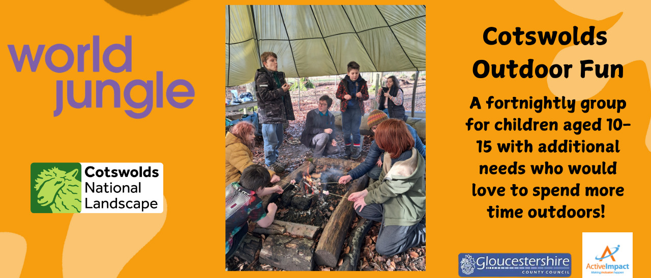 Young people toasting marshmallows on a fire. The image is a poster for a new fortnightly outdoor activities event run by World Jungle and Cotswold National Landscapes.