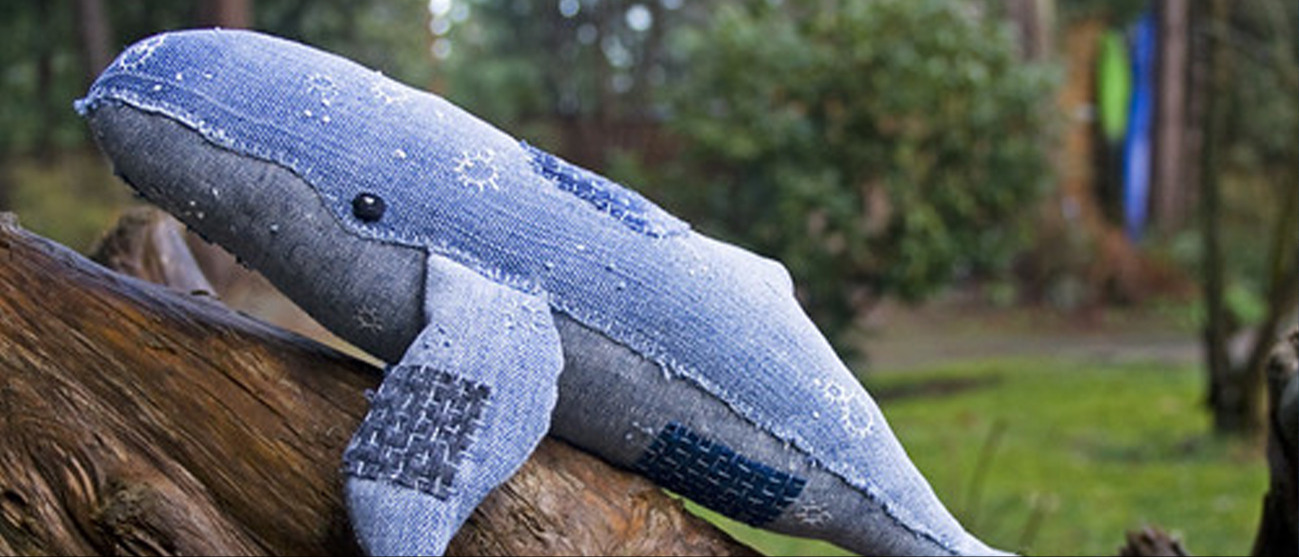 This is a whale made out of fabrics which use traditional Japanese sewing techniques