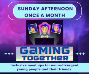 image shows Gaming Together logo and the words Sunday Afternoon Once A Month, purple background and 3 stylised heads in front of a screen