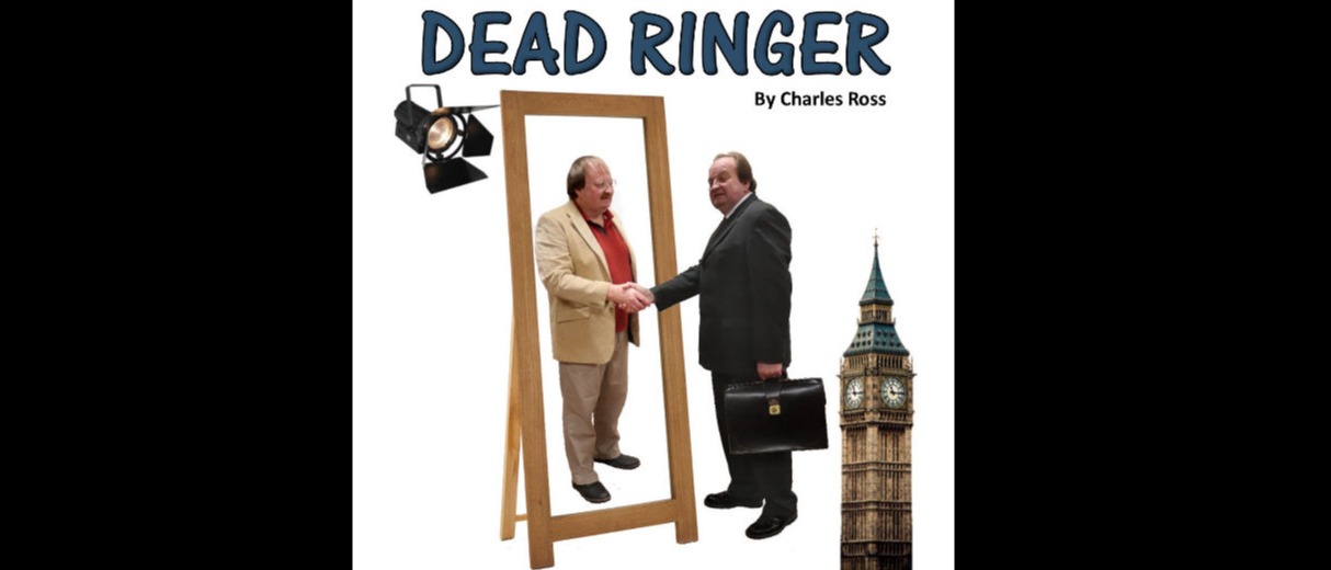 A man in a mirror wearing casual clothes, with a theatre light behind him, shaking hands through a mirror with a man wearing a suit. who has a similar face and the houses of parliament behind him.
