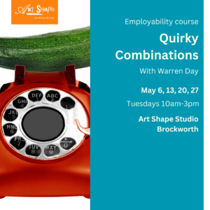 This is a photograph of a quirky sculpture with a red telephone and a courgette 