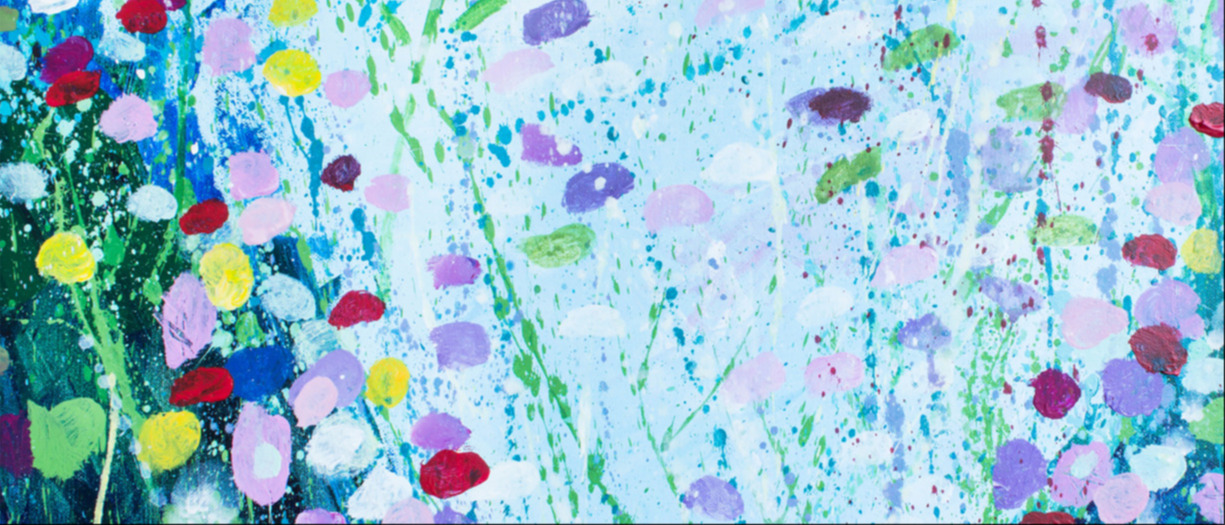 This is an abstract painting with splotches and lines in blue, purple, red, yellow and green colours