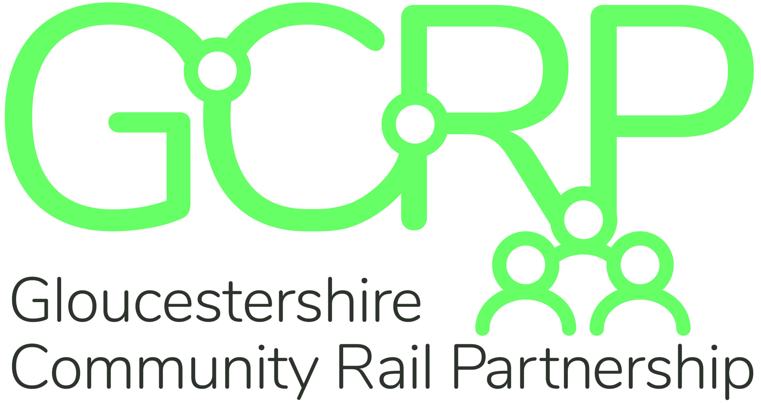 GCRP in green lettering with the outline of three figures in the same shade of green to the bottom right of the logo. Written underneath is 'Gloucestershire Community Rail Partnership'