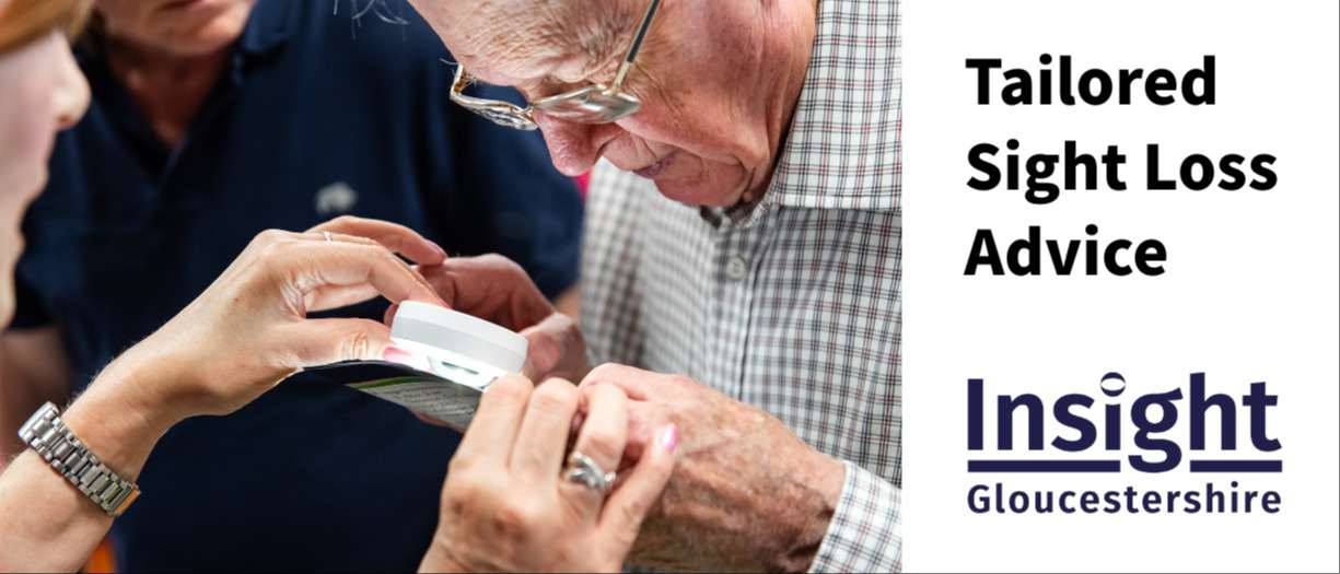 An advisor helps someone using a magnifier. Text reads Tailored Sight Loss Advice. Our logo is in the bottom right corner.