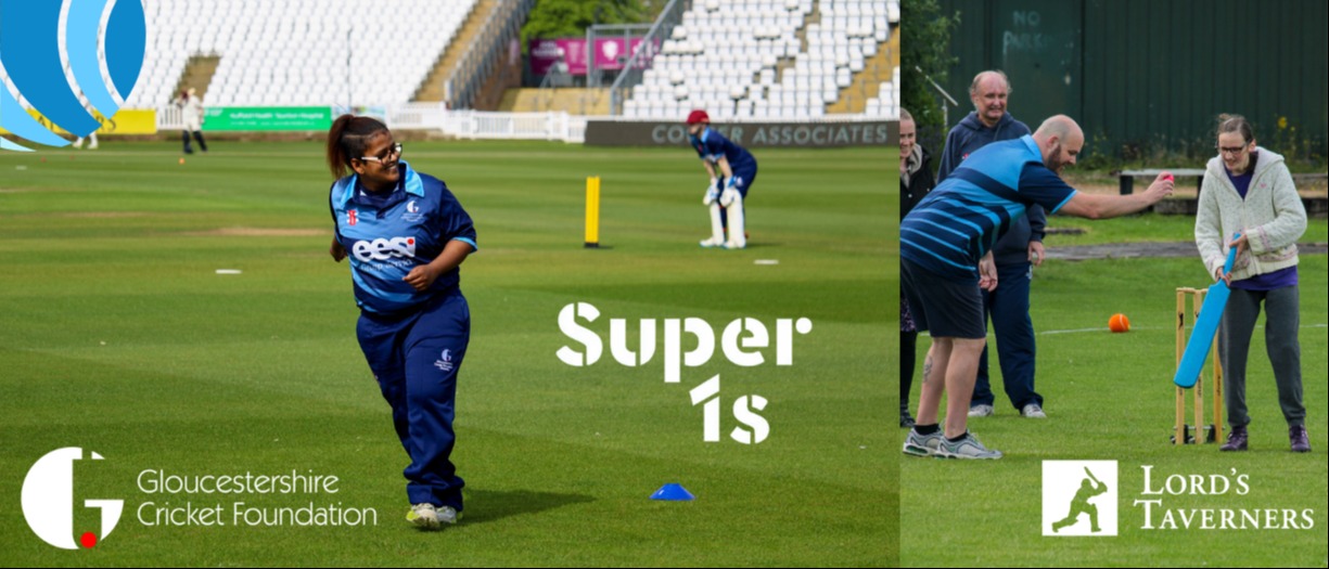 2 girls playing cricket, one in blue fielding and one in grey top batting with a blue bat