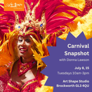 This is photograph of a woman dressed in a beautiful carnival costumed with yellow and red sparkles and feathers and an ornate headdress