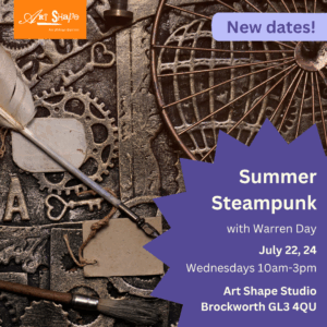 This is a collection of steampunk associated items including a quill and keys