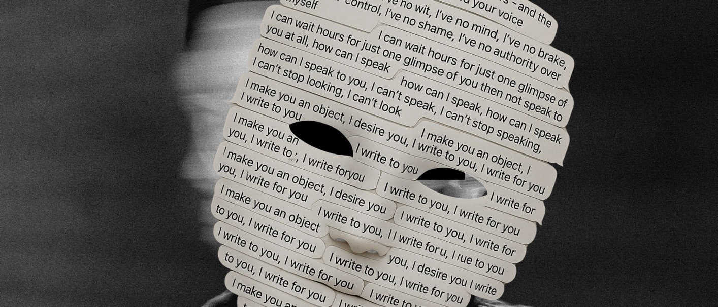 Play poster of mask showing uncertainty of who you’re talking to on the internet.