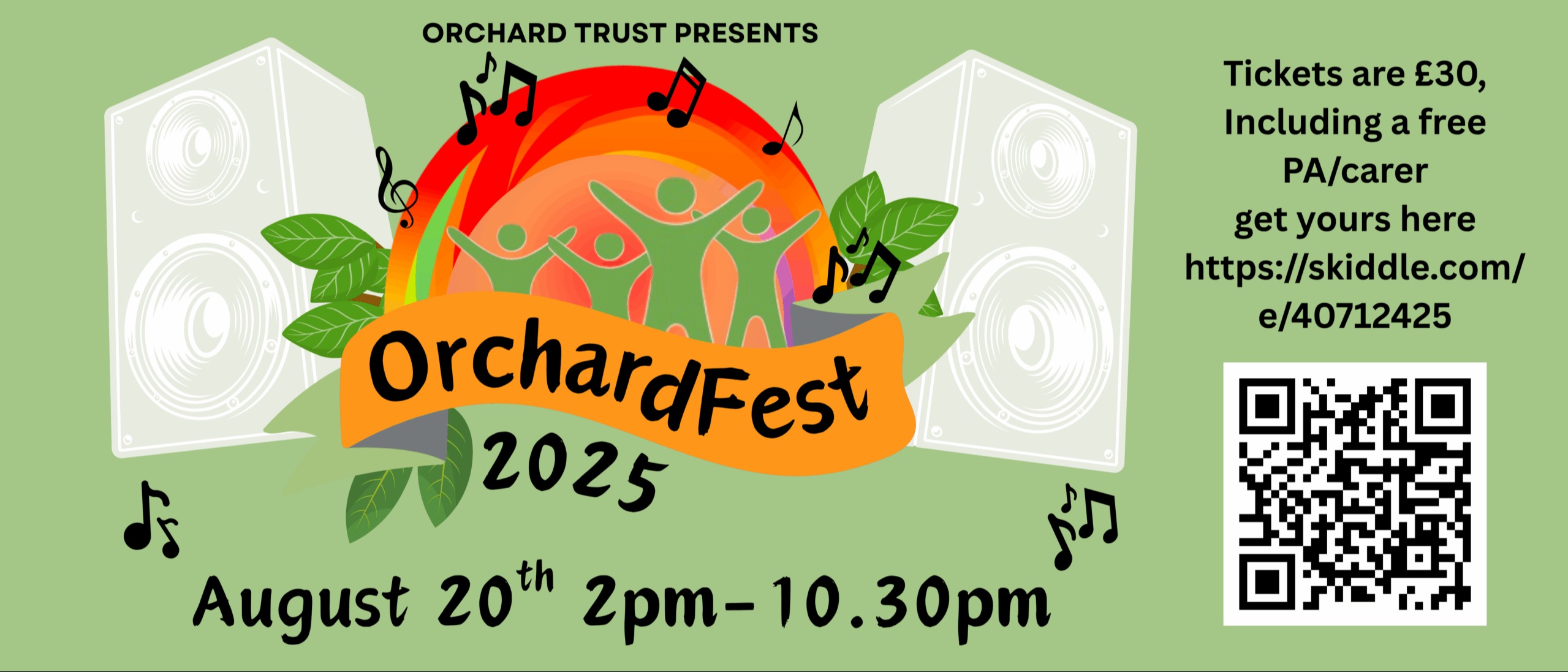 Image showing the festival logo of speakers, an orange coloured arch and green figures enjoying music. With a QR code and website for ticket purchases